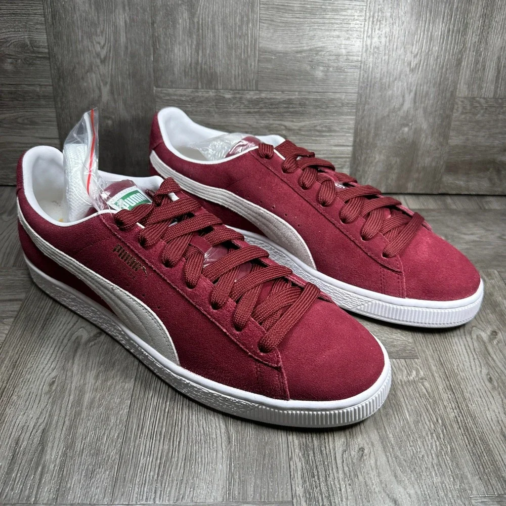 Puma Suede Sneakers Mens 11.5 Burgundy White Classic Low Top NEW